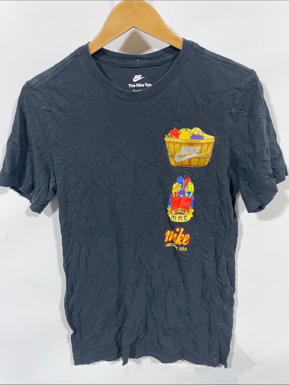Nike Black Short Sleeve Tee with Colorful Fruit Basket Graphics